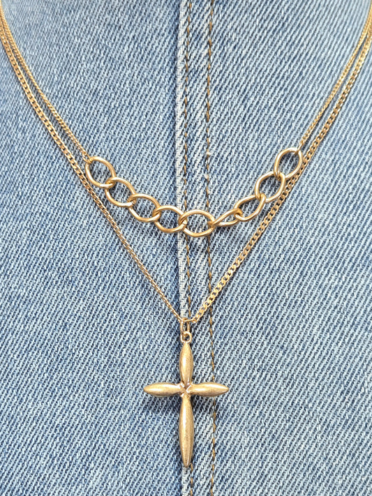 N0496 HN4995 Double Layered Cross Shape Pendant Chain Necklace
