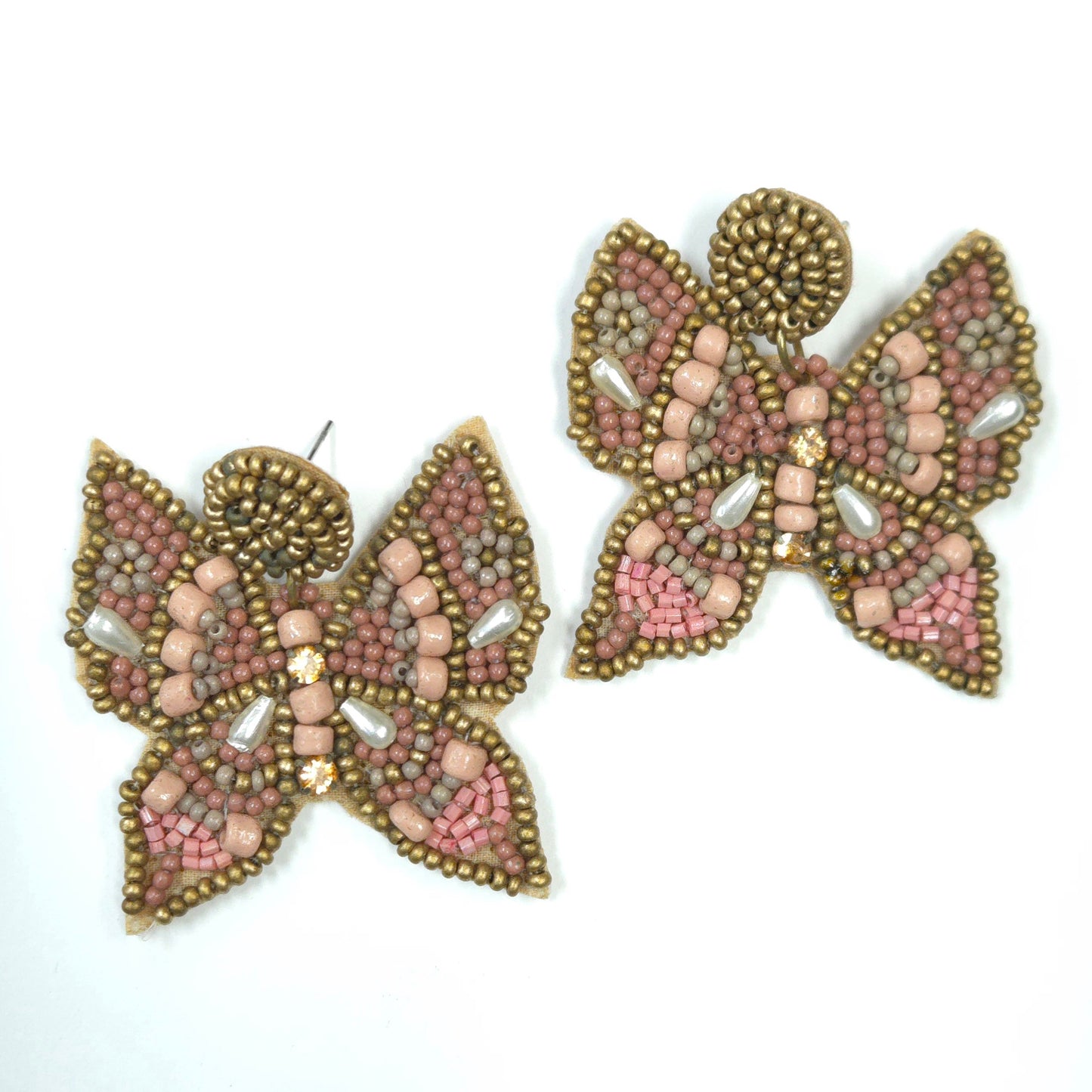 Beaded butterfly earrings on a white background