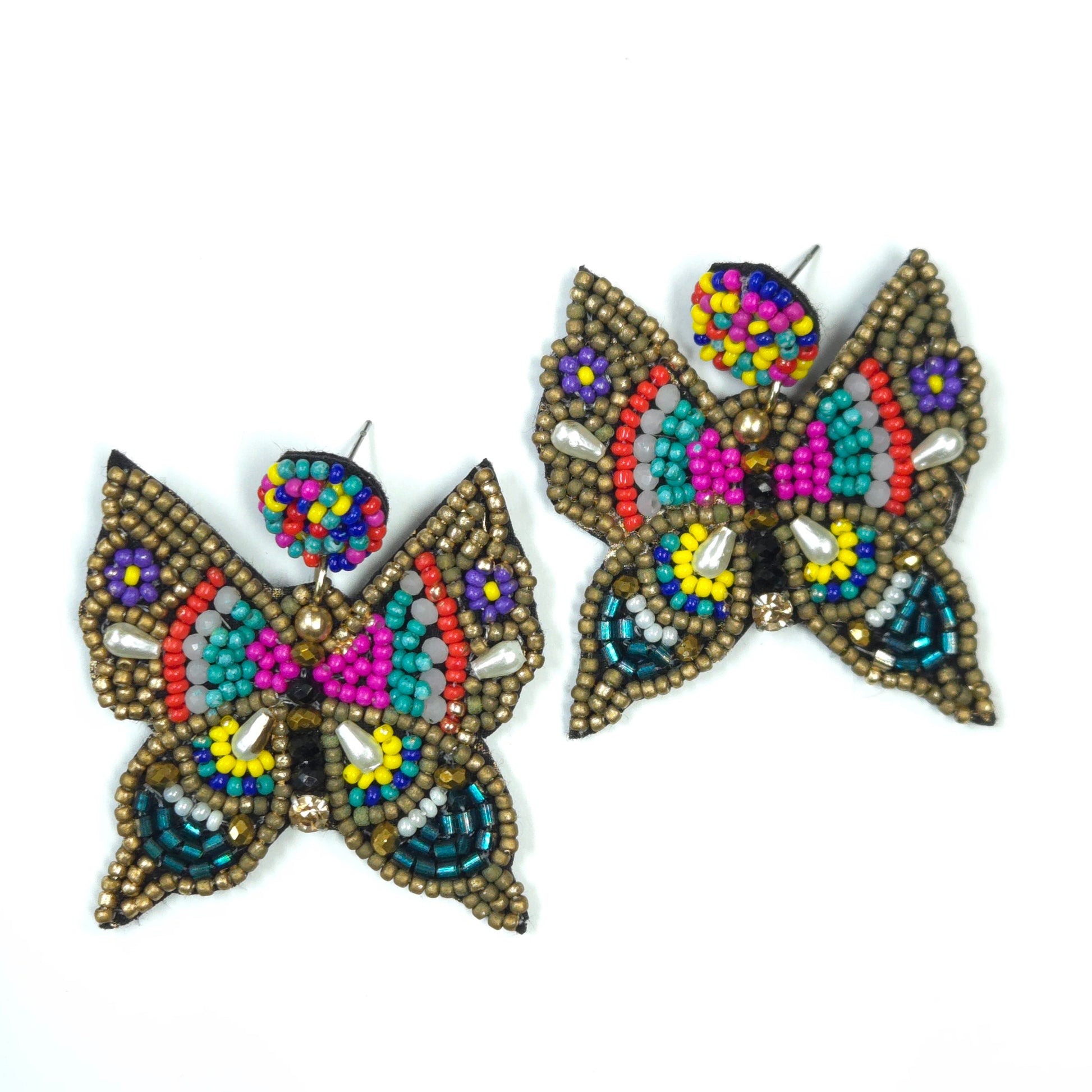 Butterfly-shaped earrings with colorful beadwork on a white background