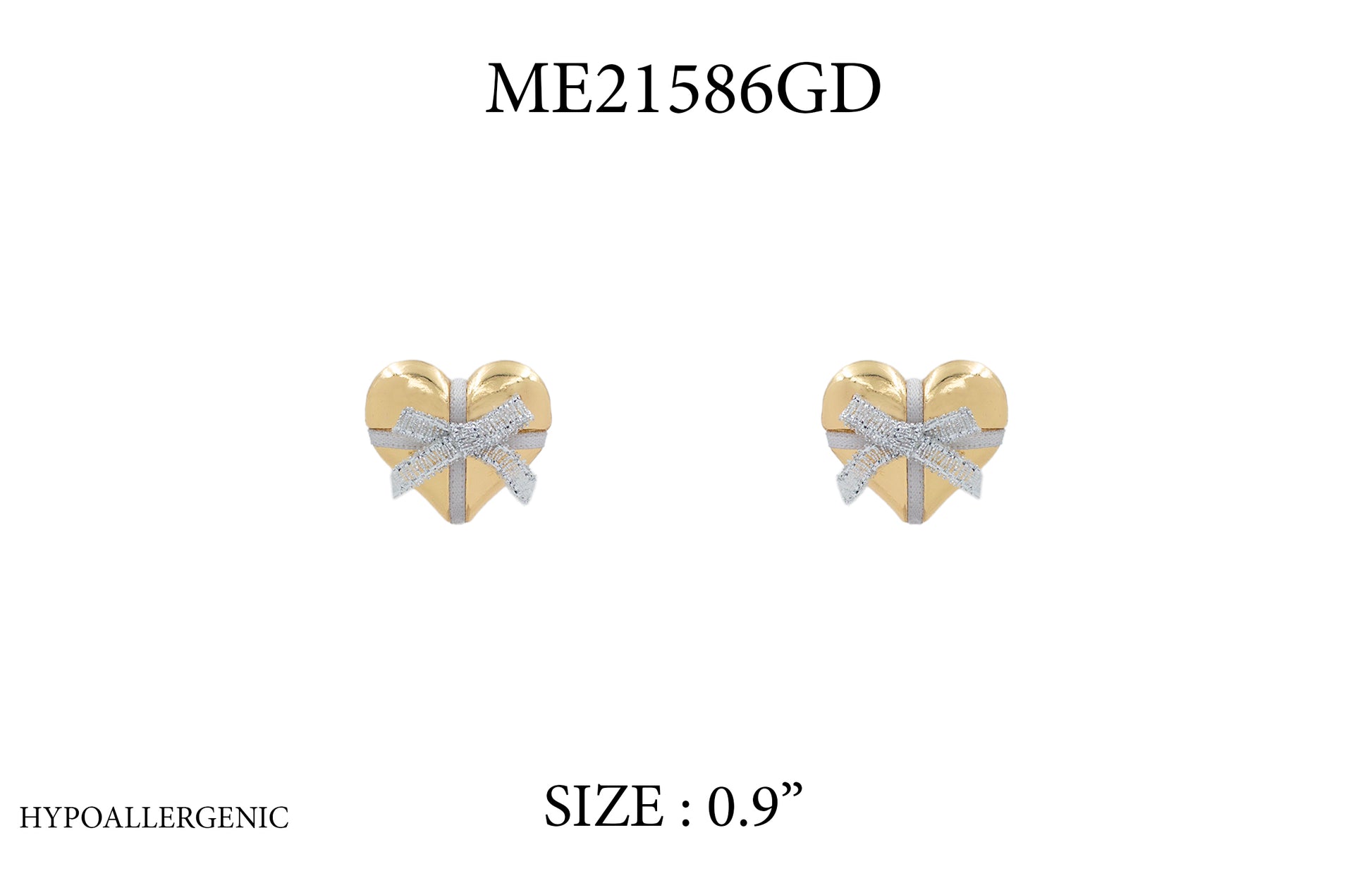 Heart-shaped earrings with bows on a white background, labeled ME21586GD and size 0.9".