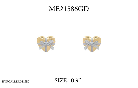 Heart-shaped earrings with bows on a white background, labeled ME21586GD and size 0.9".