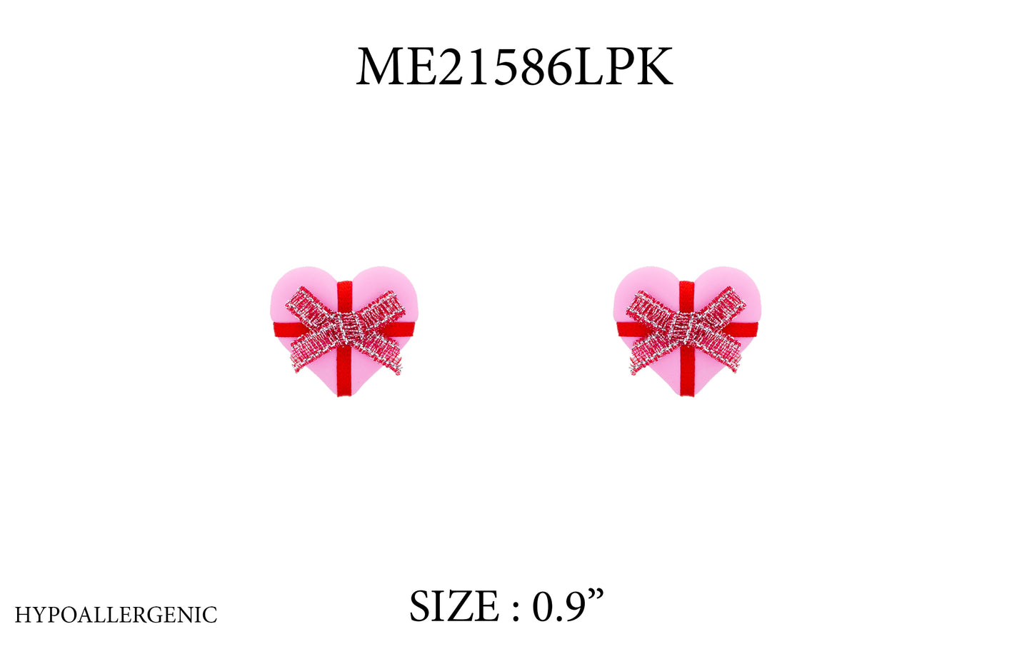Heart-shaped earrings with a pink bow design on a white background, labeled 'ME21586LPK' and 'SIZE: 0.9”'.