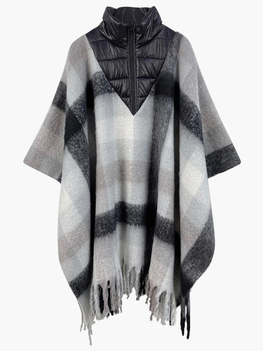 Plaid Half Zip Up Fringe Poncho | PC99