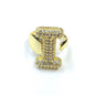Gold letter 'I' ring with diamonds on a white background