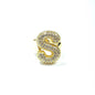 Gold letter 'S' ring with gemstones on a white background