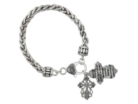 Silver-tone chain bracelet featuring decorative cross charms, inspirational engraved message charms, and vintage-style toggle closure.