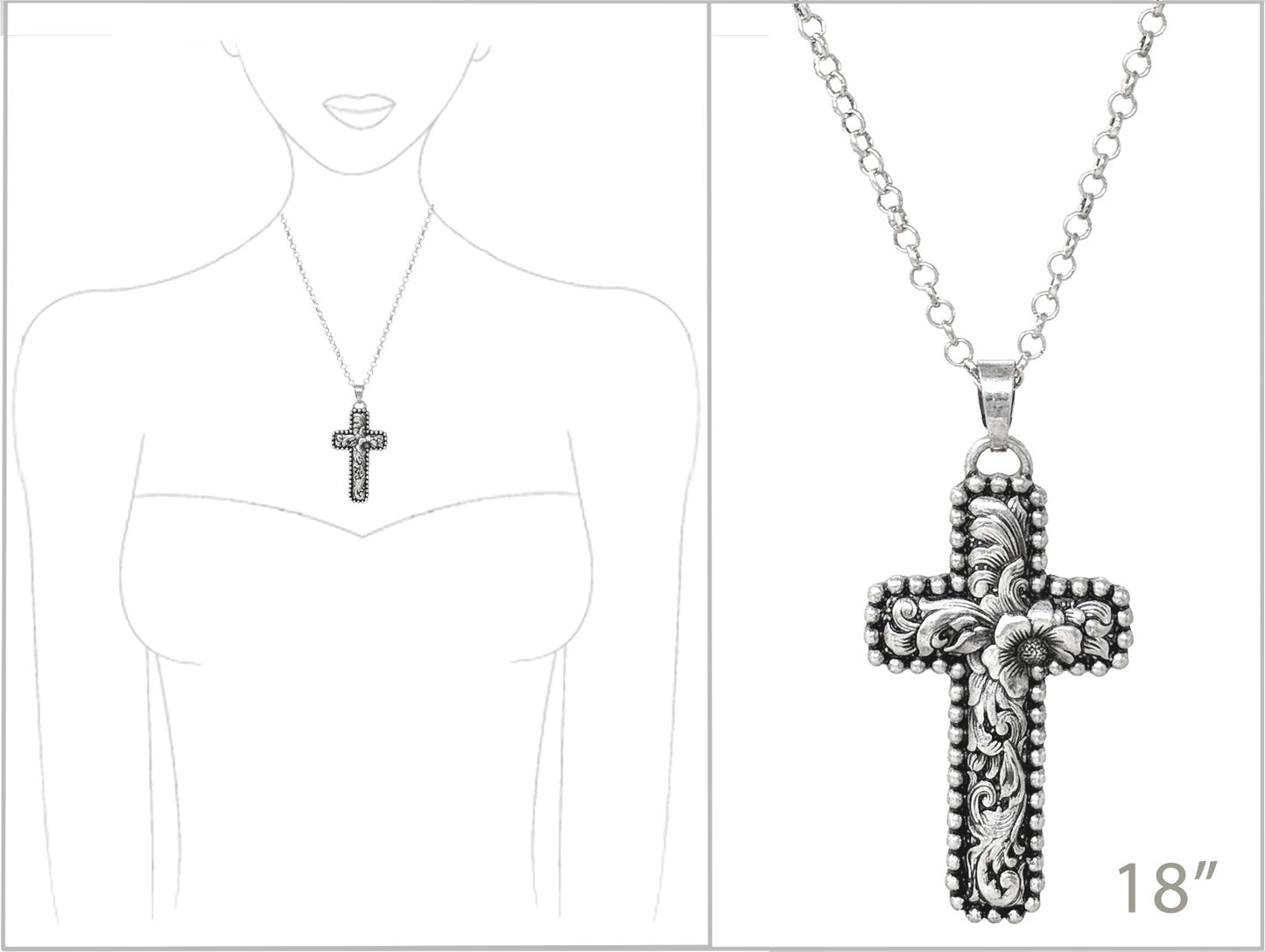 Silver cross necklace with detailed design on a white background