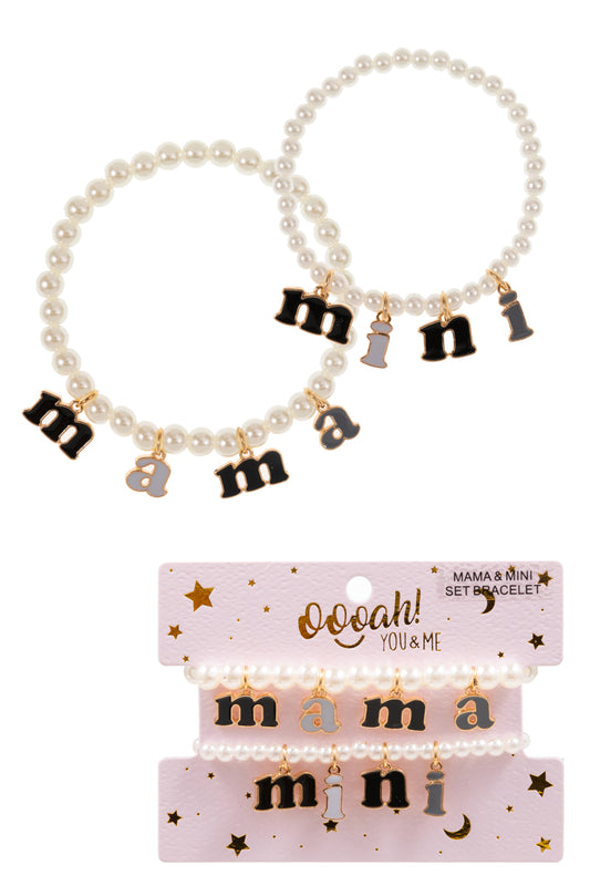 B0155 K7B2050 MINI, MAMA ENAMEL Design Word Charms Dangle PEARL STRETCH 2 BRACELETS SET