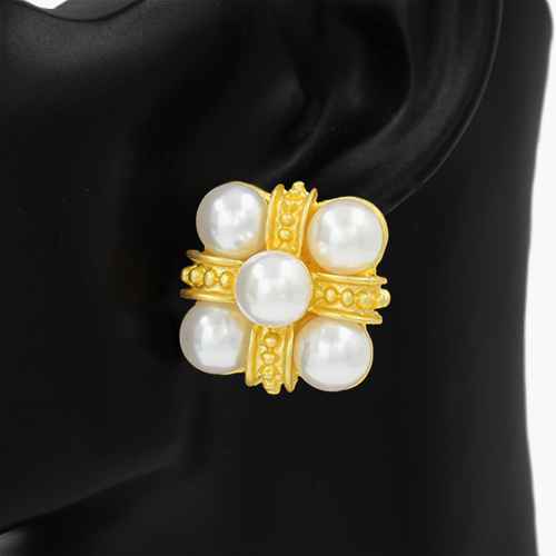 E0893 KE2855 Pearls Deco Rectangular Shape Stud Style Drop Post Earrings