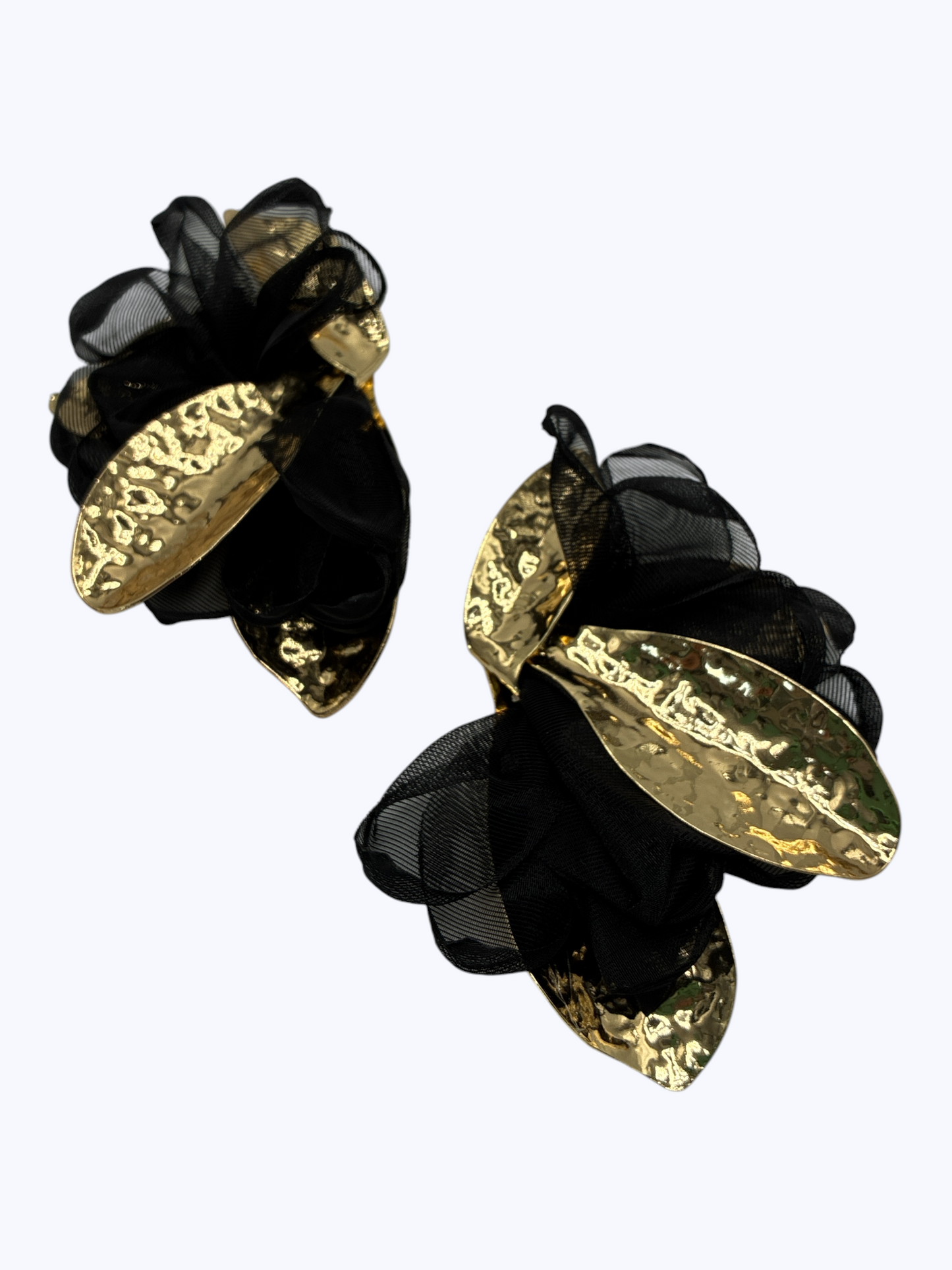 Gold hammered leaf statement earrings with layered sheer fabric petals, bold textured drop design, lightweight elegant fashion jewelry.