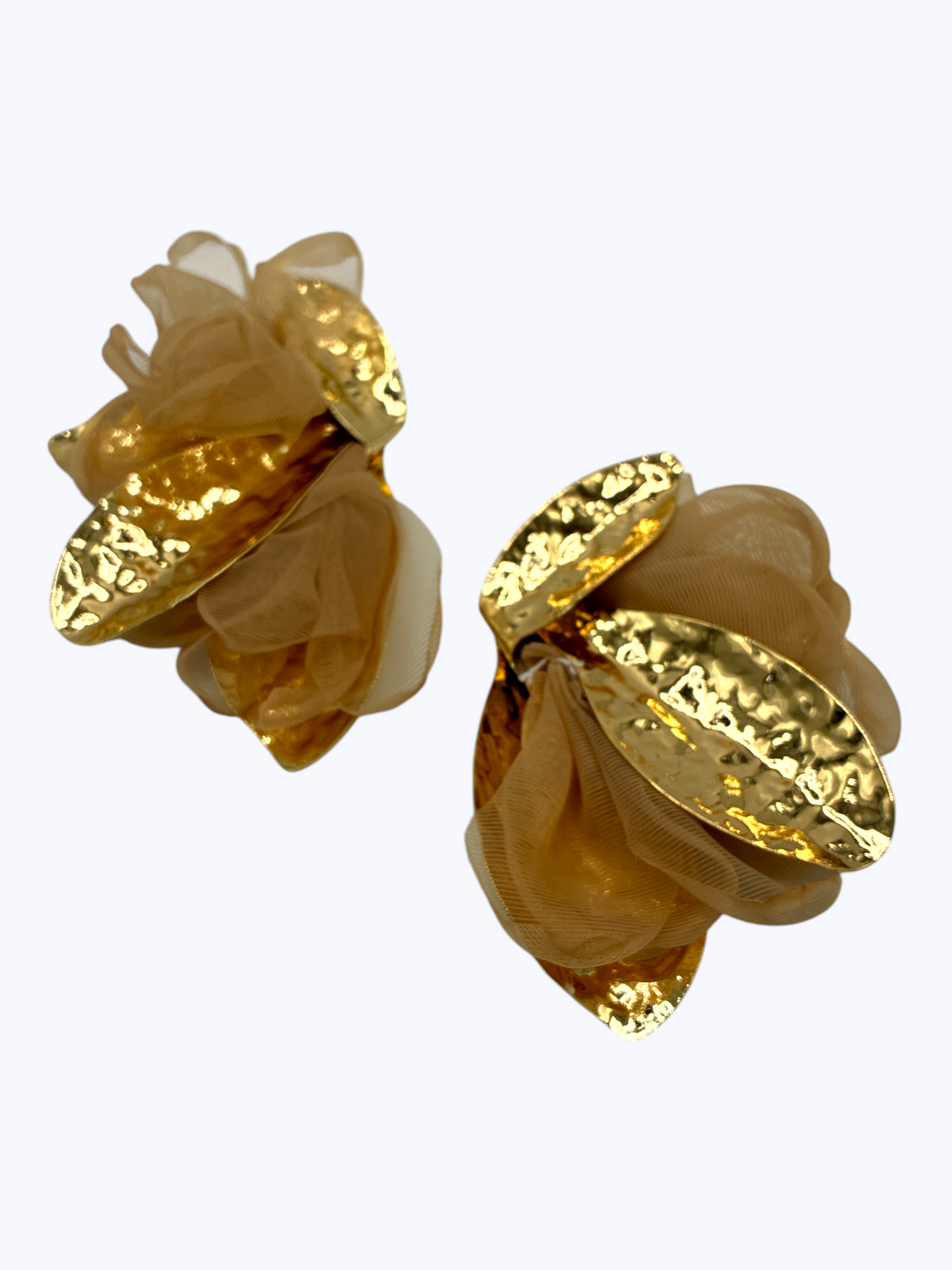 Gold hammered leaf statement earrings with layered sheer fabric petals, bold textured drop design, lightweight elegant fashion jewelry.