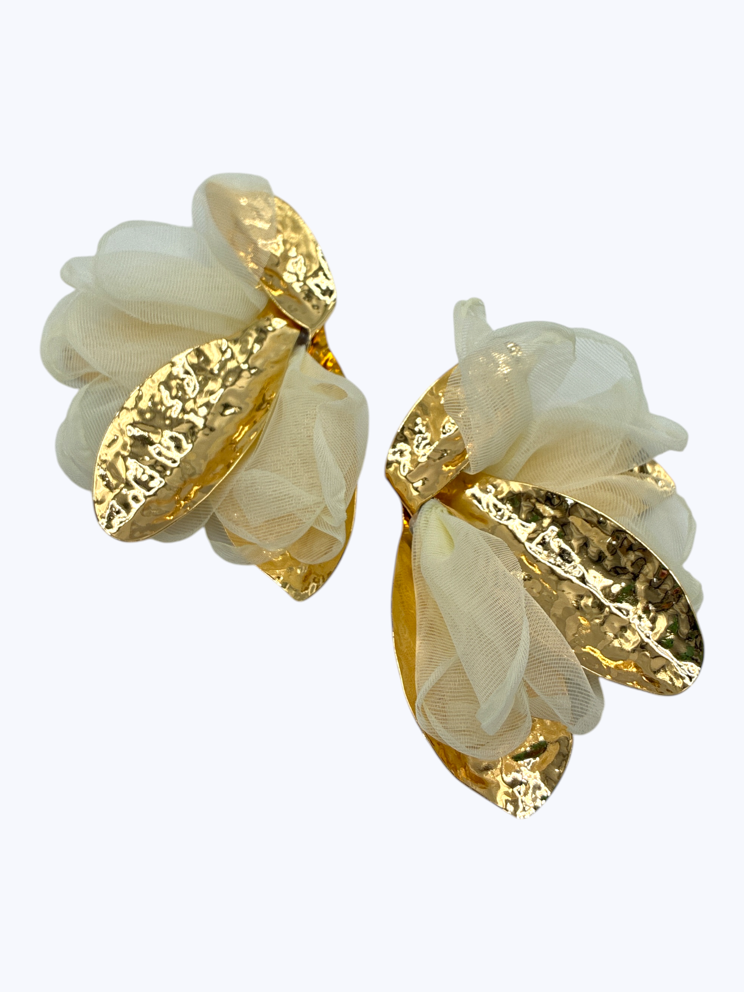 Gold hammered leaf statement earrings with layered sheer fabric petals, bold textured drop design, lightweight elegant fashion jewelry.