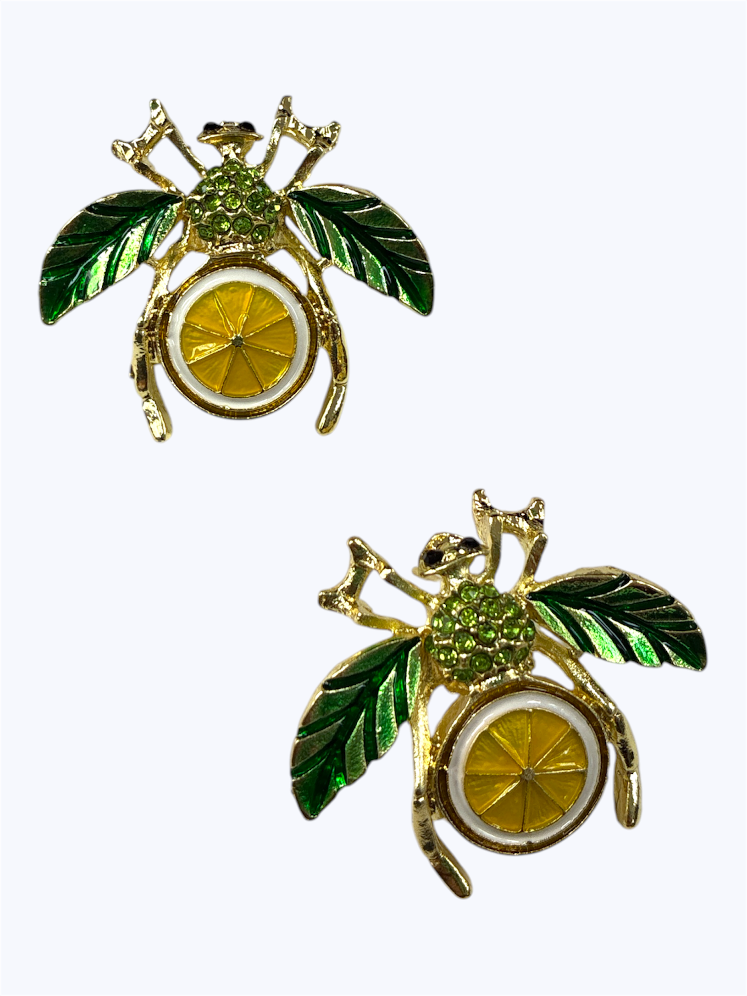 Bee and lemon statement earrings with green enamel leaves and gold-tone detailing