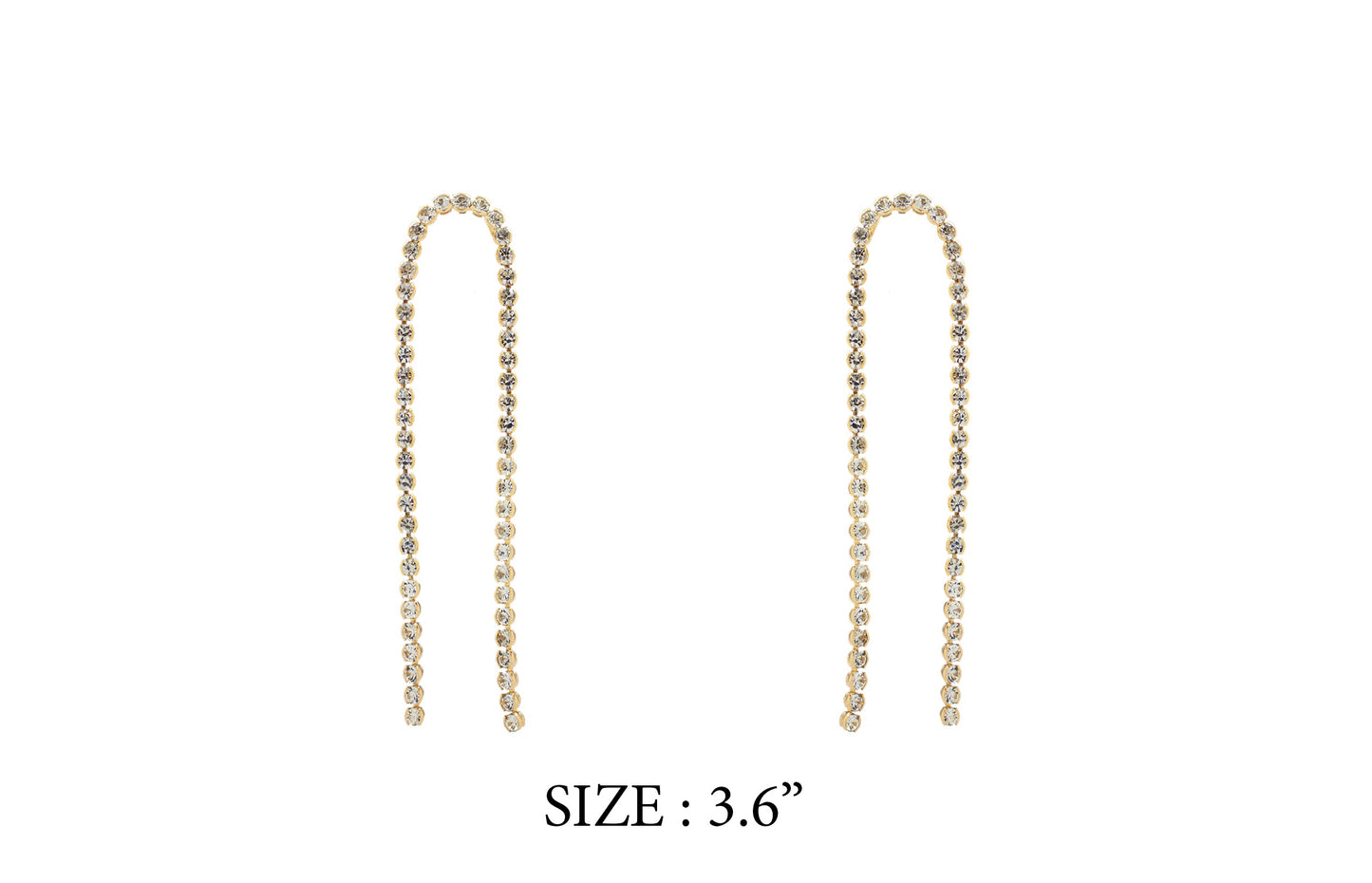 Gold chain earrings on a white background with size label