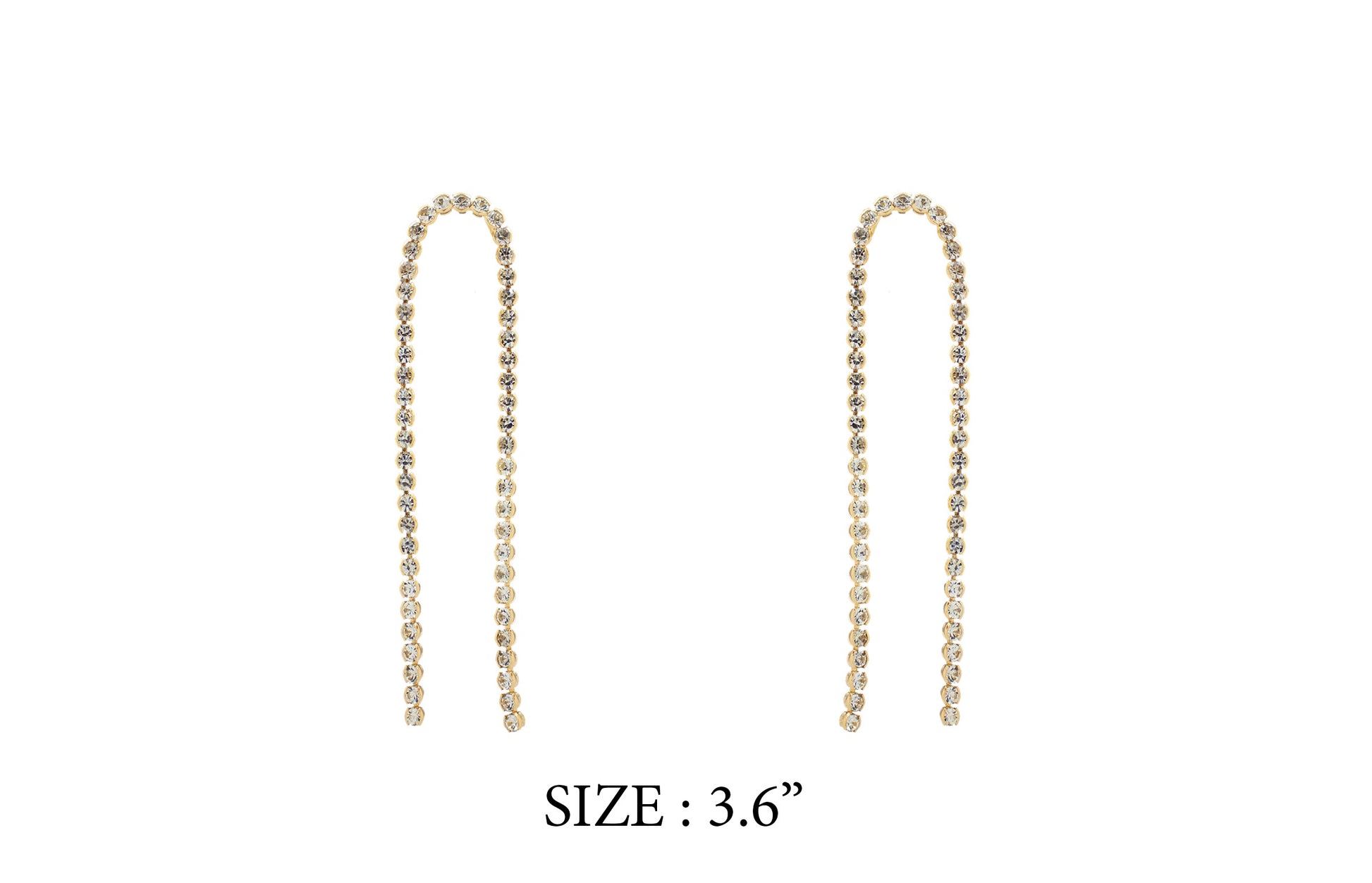 Gold chain earrings on a white background with size label