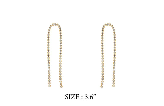 Gold chain earrings on a white background with size label