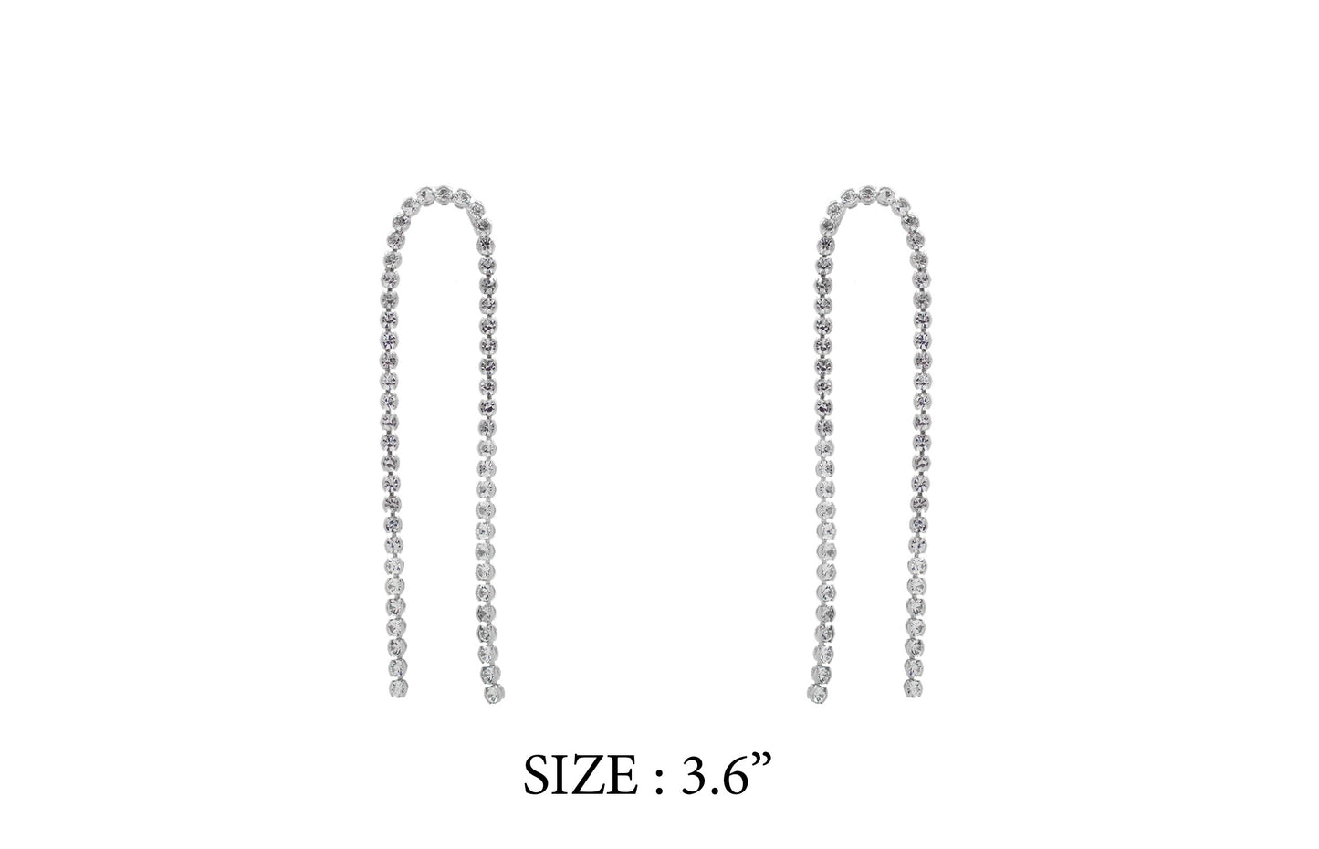 Pair of silver chain earrings on a white background with size label '3.6"'.