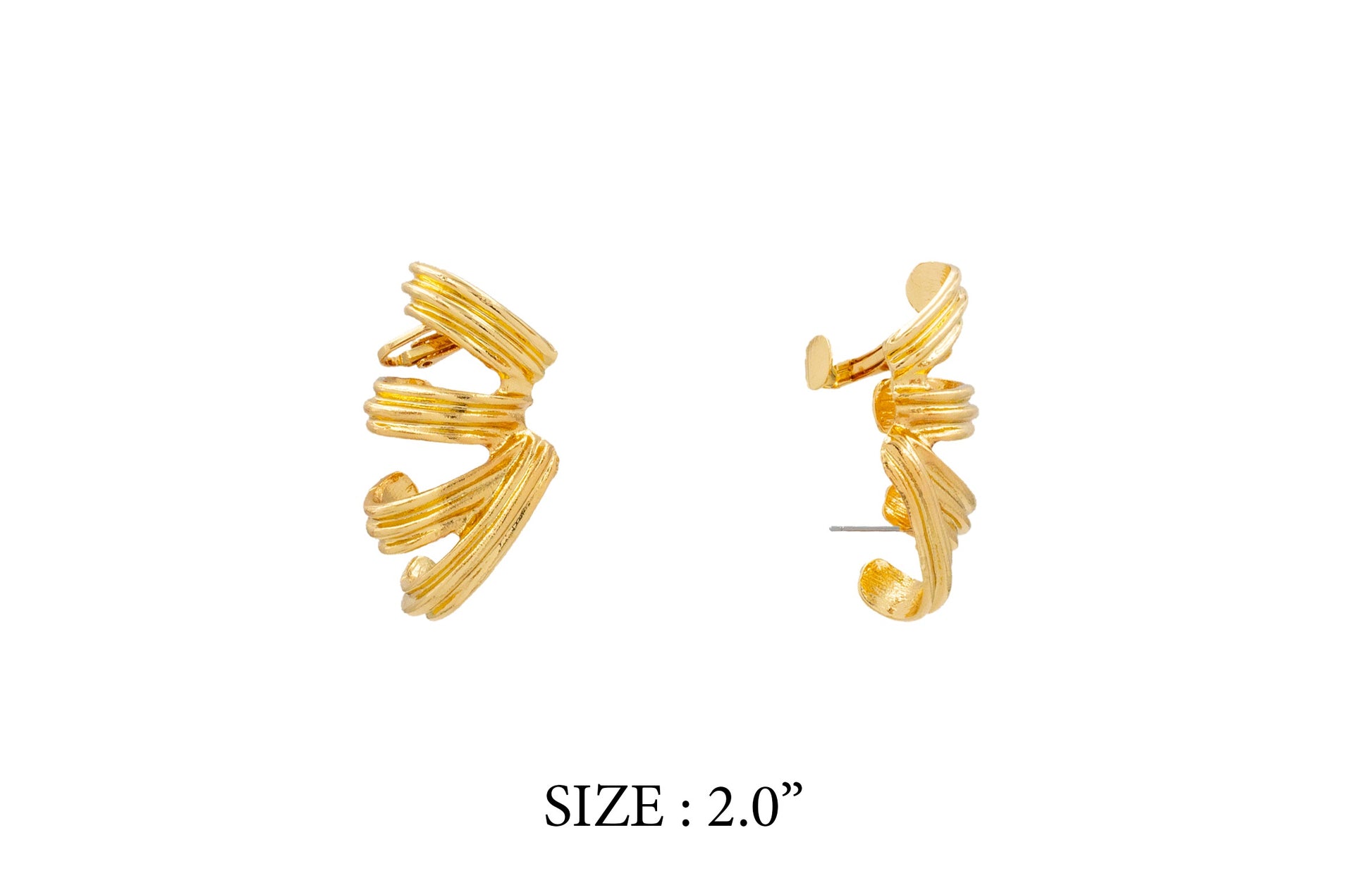 Gold earrings on a white background with size label '2.0”'.
