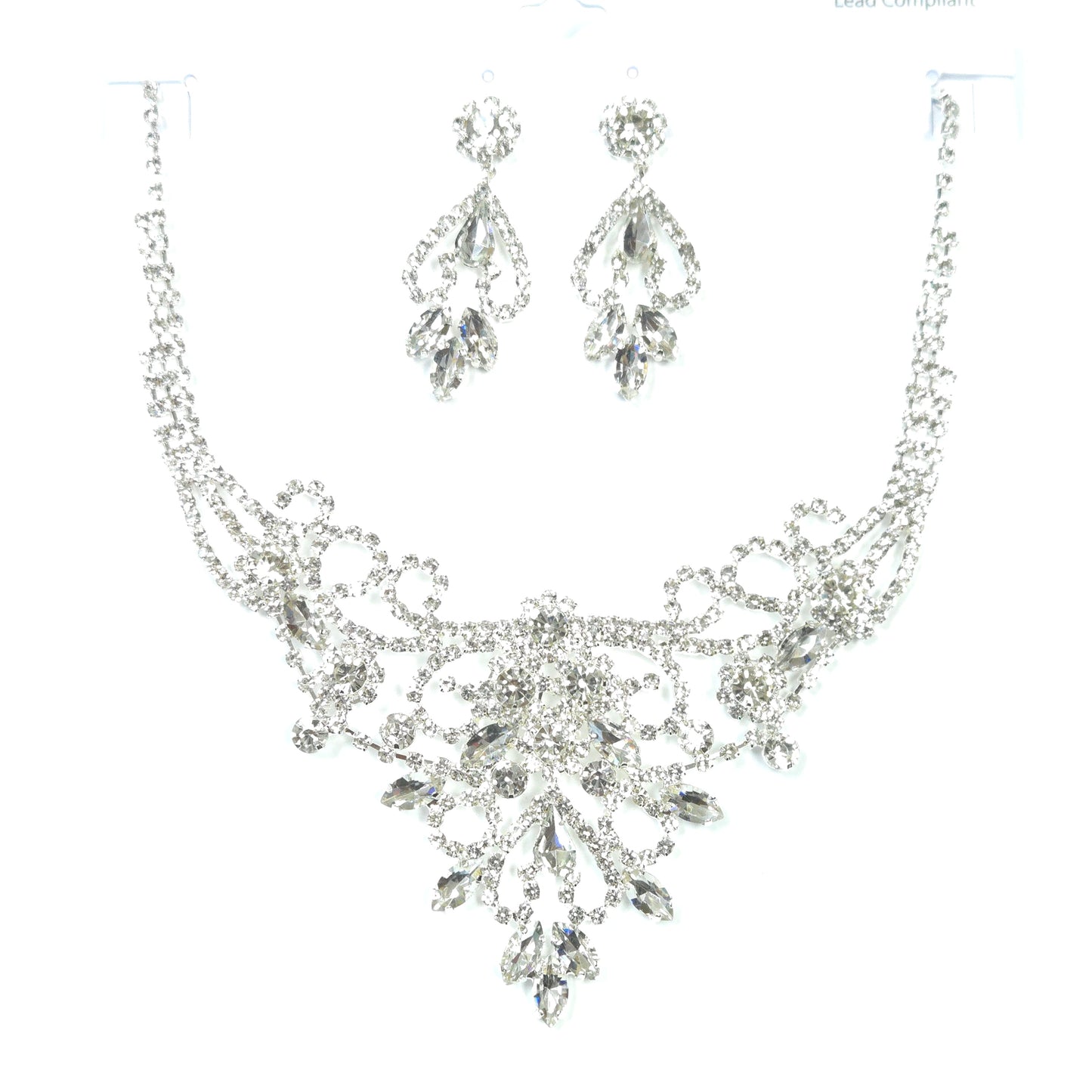 Silver jewelry set with necklace and earrings on a white background