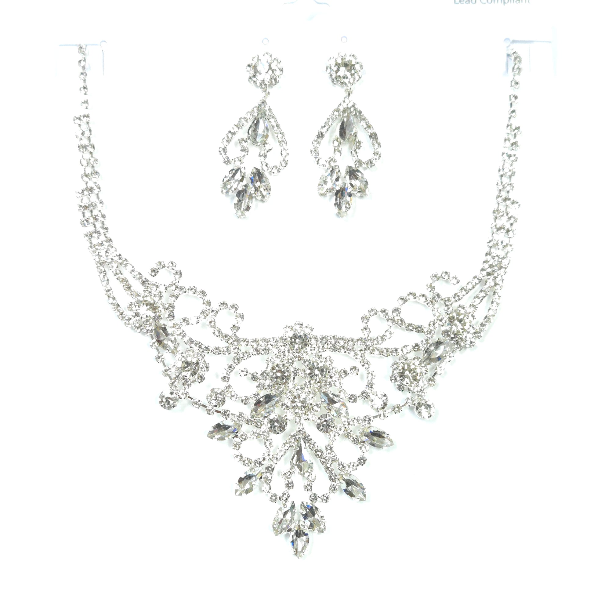 Silver jewelry set with necklace and earrings on a white background