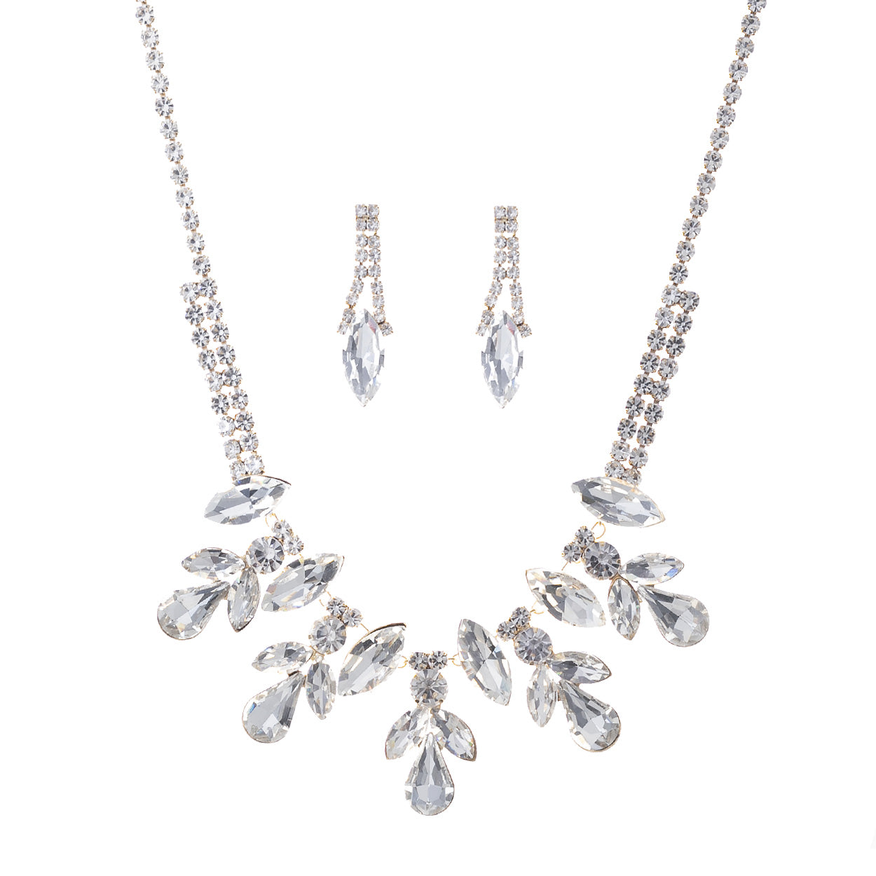 Jewelry set with necklace and earrings featuring clear gemstones on a white background