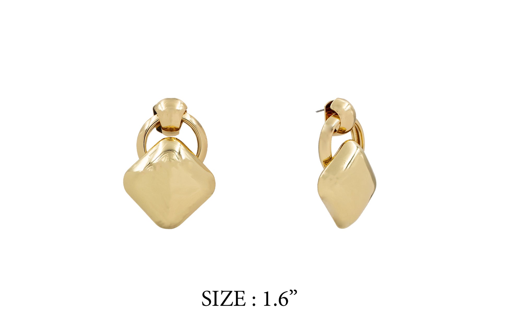 Gold hoop earrings on a white background with size label