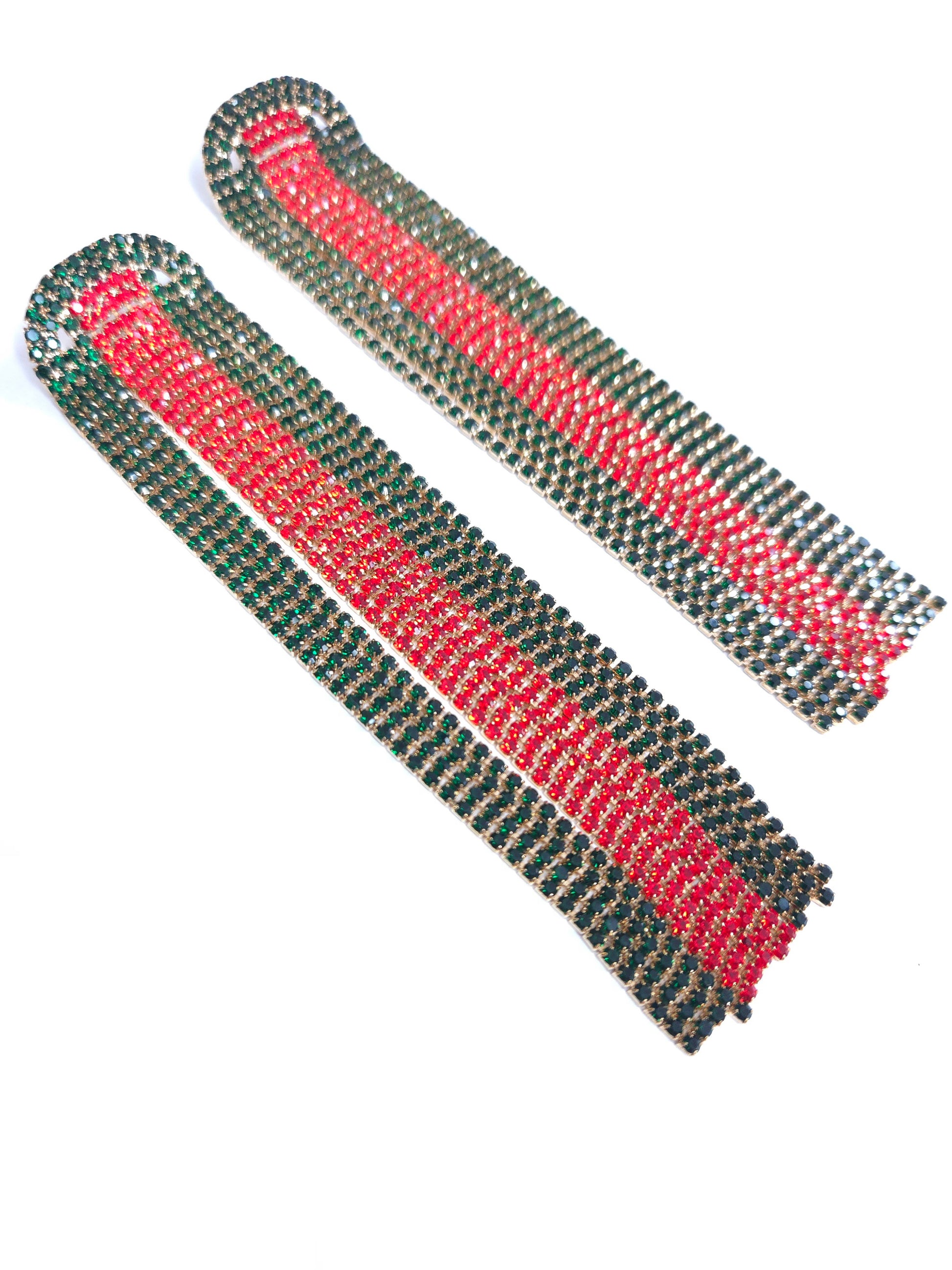 Two beaded bookmarks with red and green stripes on a white background