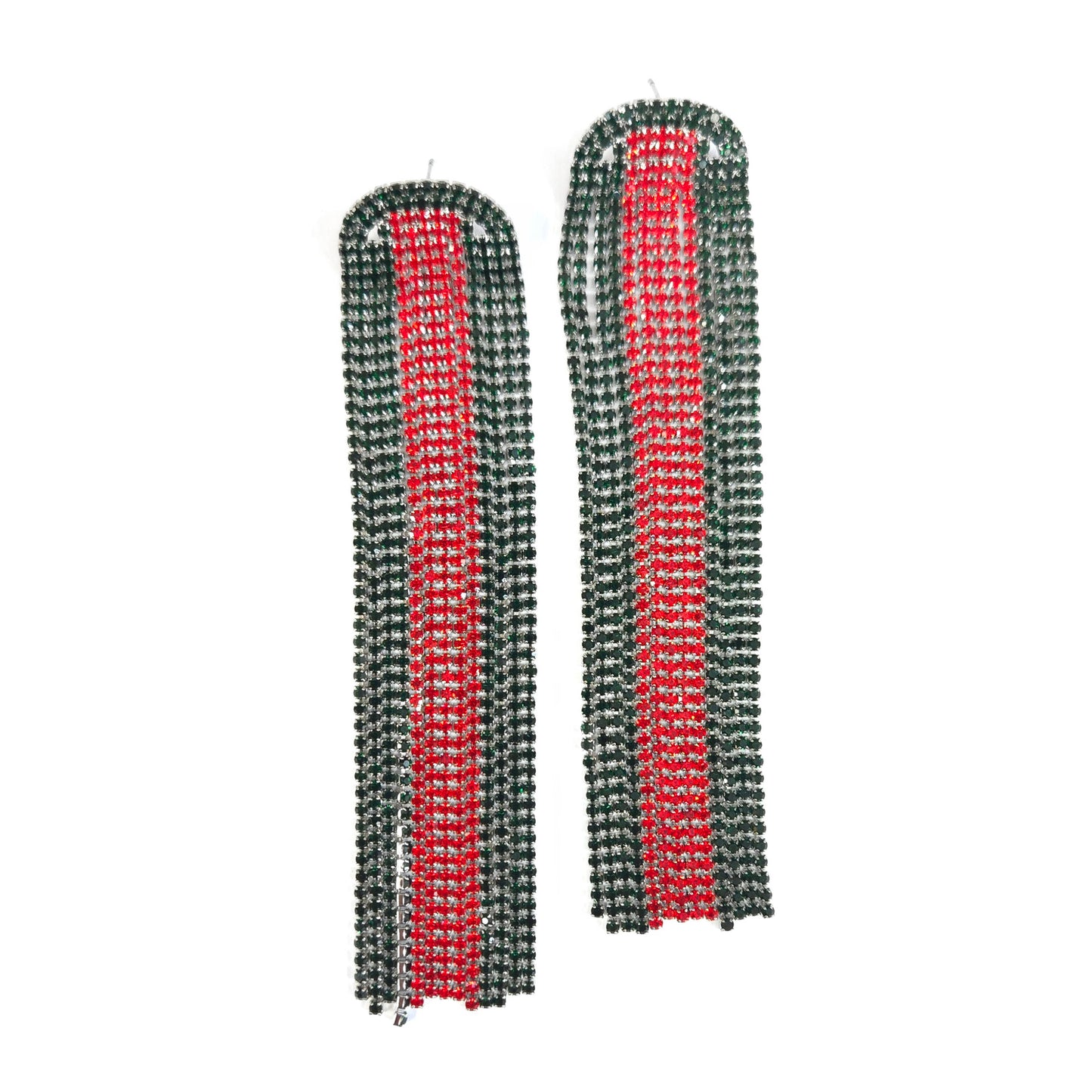 Pair of long, beaded earrings with red and black pattern on a white background