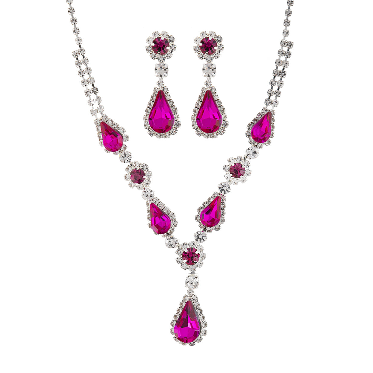 Jewelry set with pink teardrop-shaped stones on a white background
