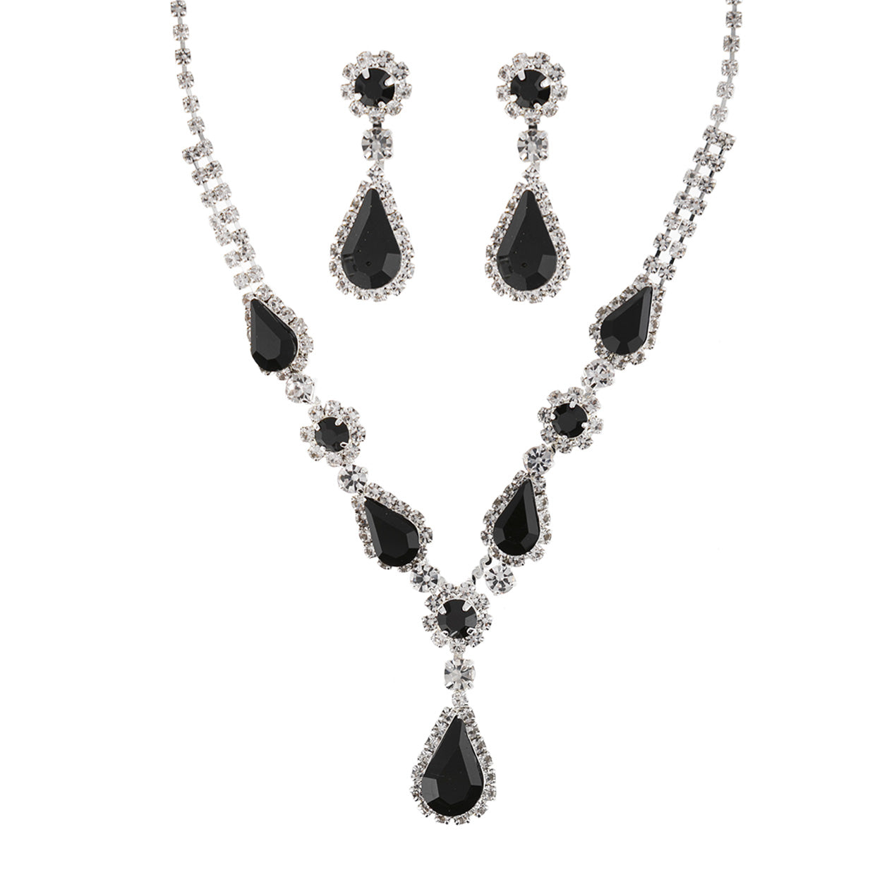 Jewelry set with black teardrop-shaped stones on a white background