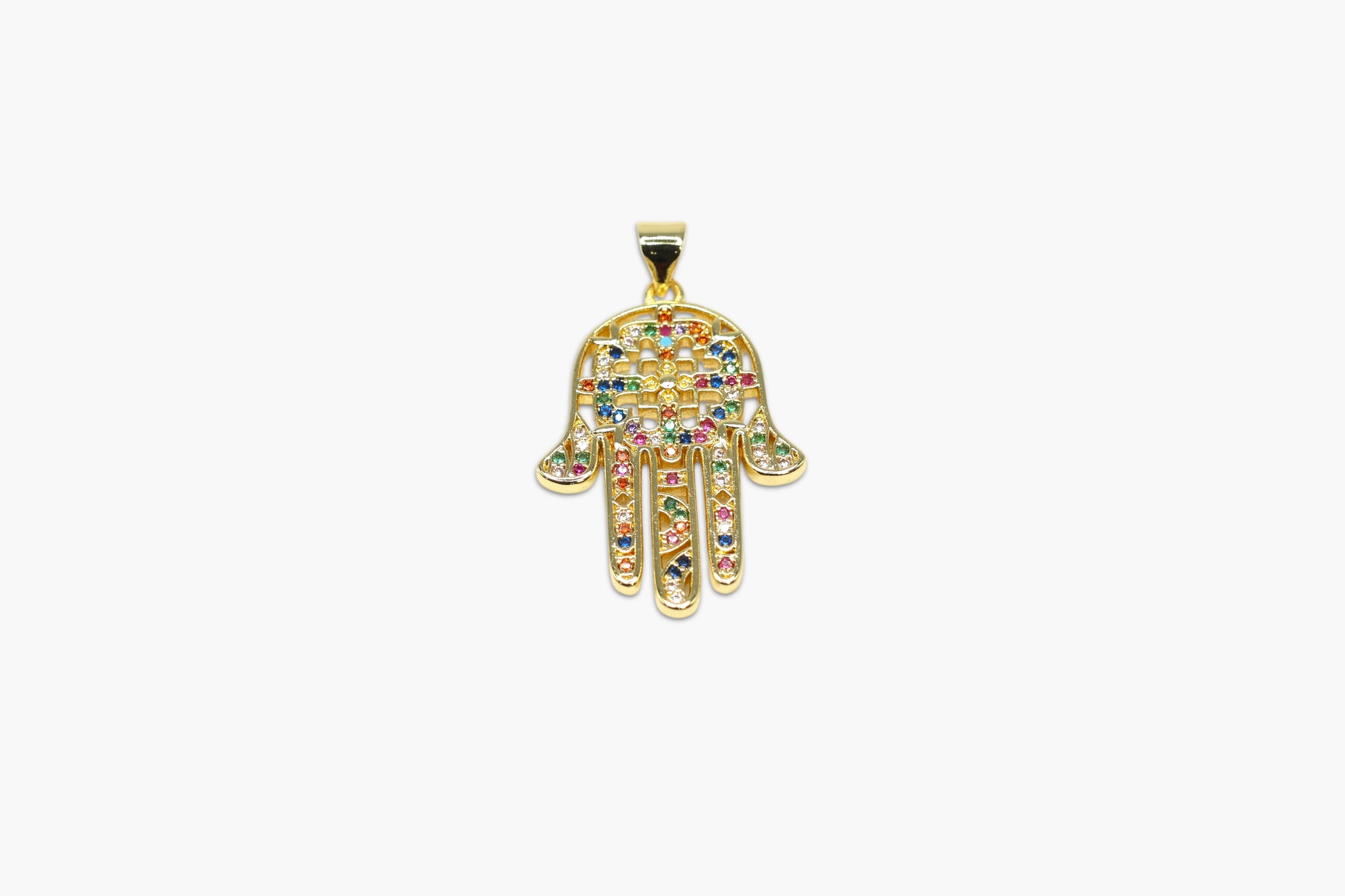 Gold Hamsa hand pendant with colorful stones on a white background