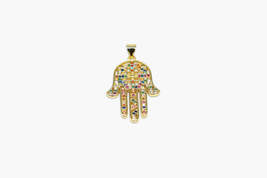Gold Hamsa hand pendant with colorful stones on a white background