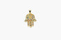 Gold Hamsa hand pendant with colorful stones on a white background