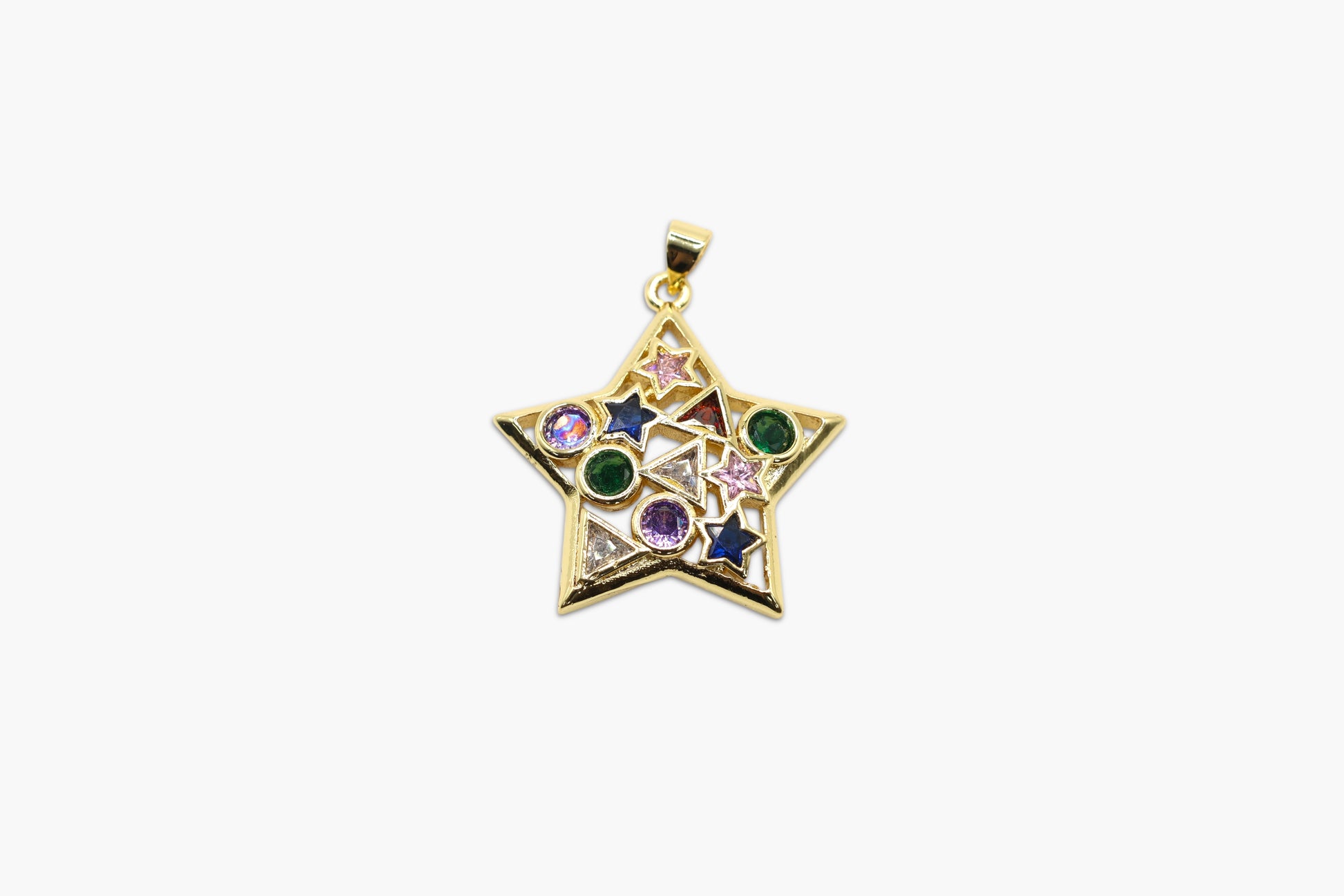 Gold star-shaped pendant with colorful gemstones on a white background