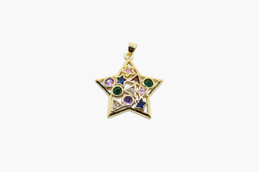 Gold star-shaped pendant with colorful gemstones on a white background