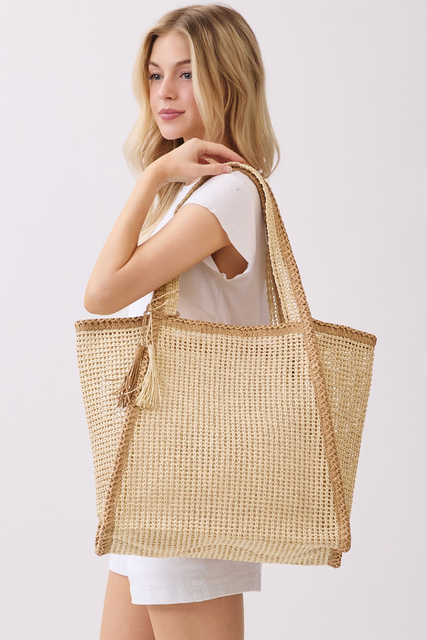 P0017 | Tassel Accent Woven Tote Bag | MB0338