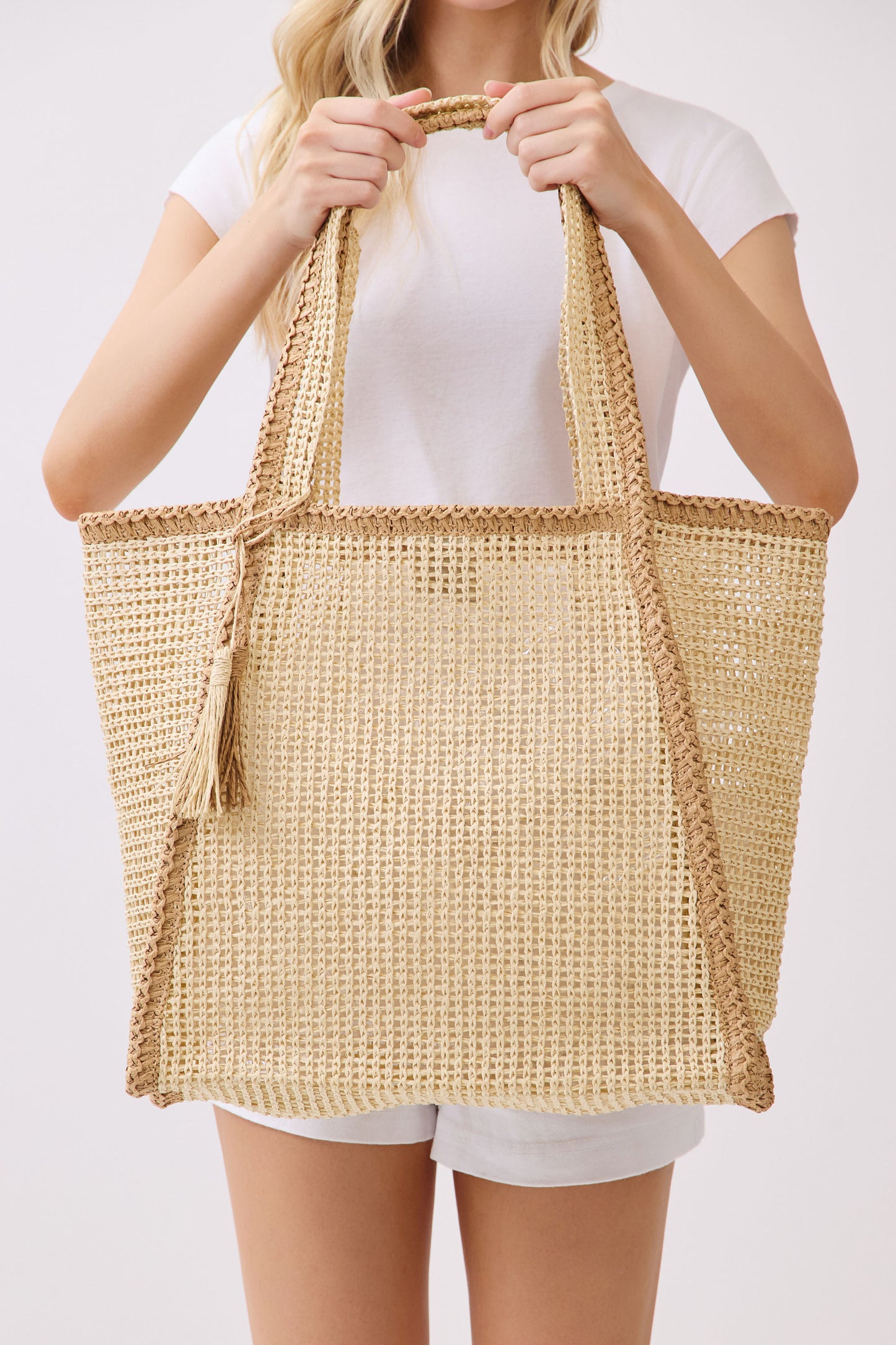 P0017 | Tassel Accent Woven Tote Bag | MB0338