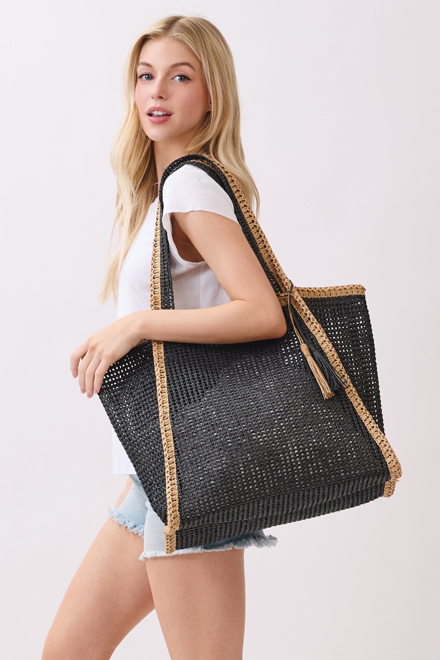 P0017 | Tassel Accent Woven Tote Bag | MB0338