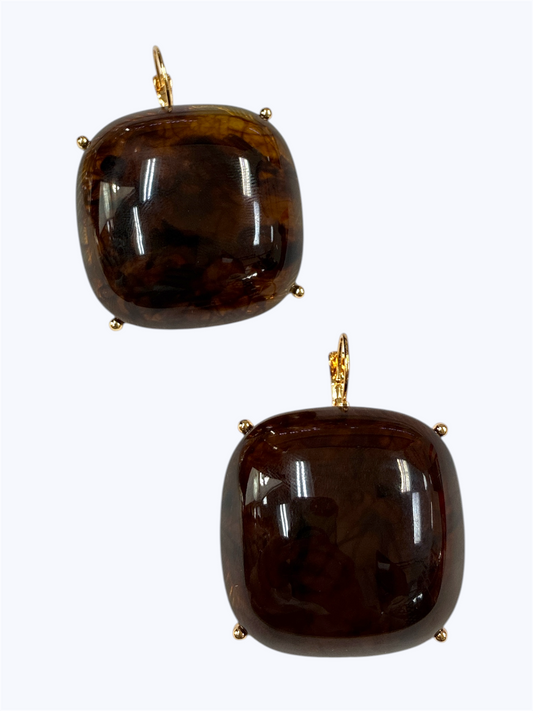 Bold square resin drop earrings with glossy finish and modern geometric silhouette for boutique fashion styling.