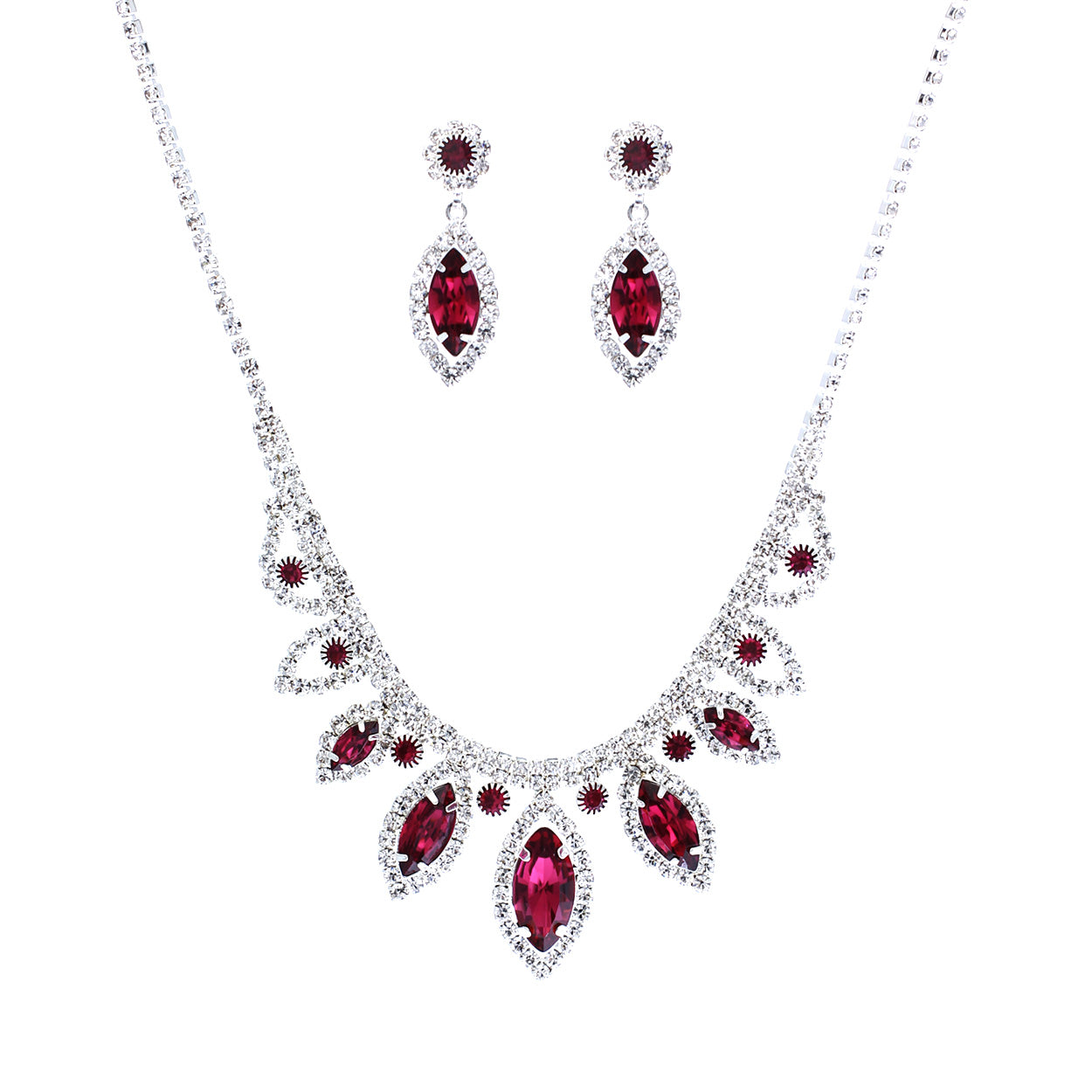 Jewelry set with red gemstones and silver accents on a white background