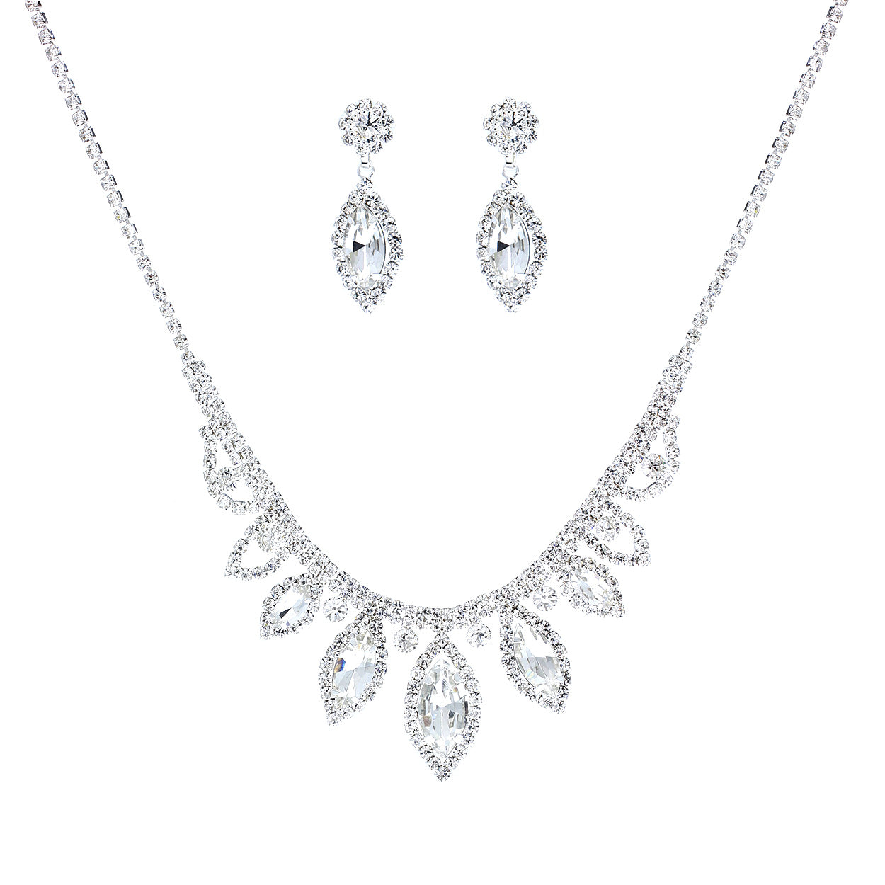 Silver necklace and earrings set on a white background