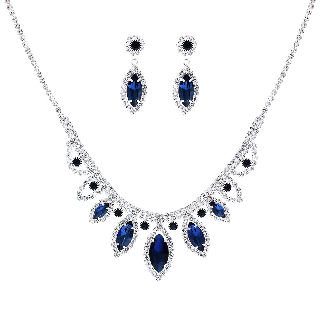 Jewelry set with necklace and earrings featuring blue stones on a white background