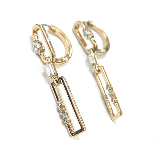 Gold hoop earrings with rectangular drops and small stones on a white background
