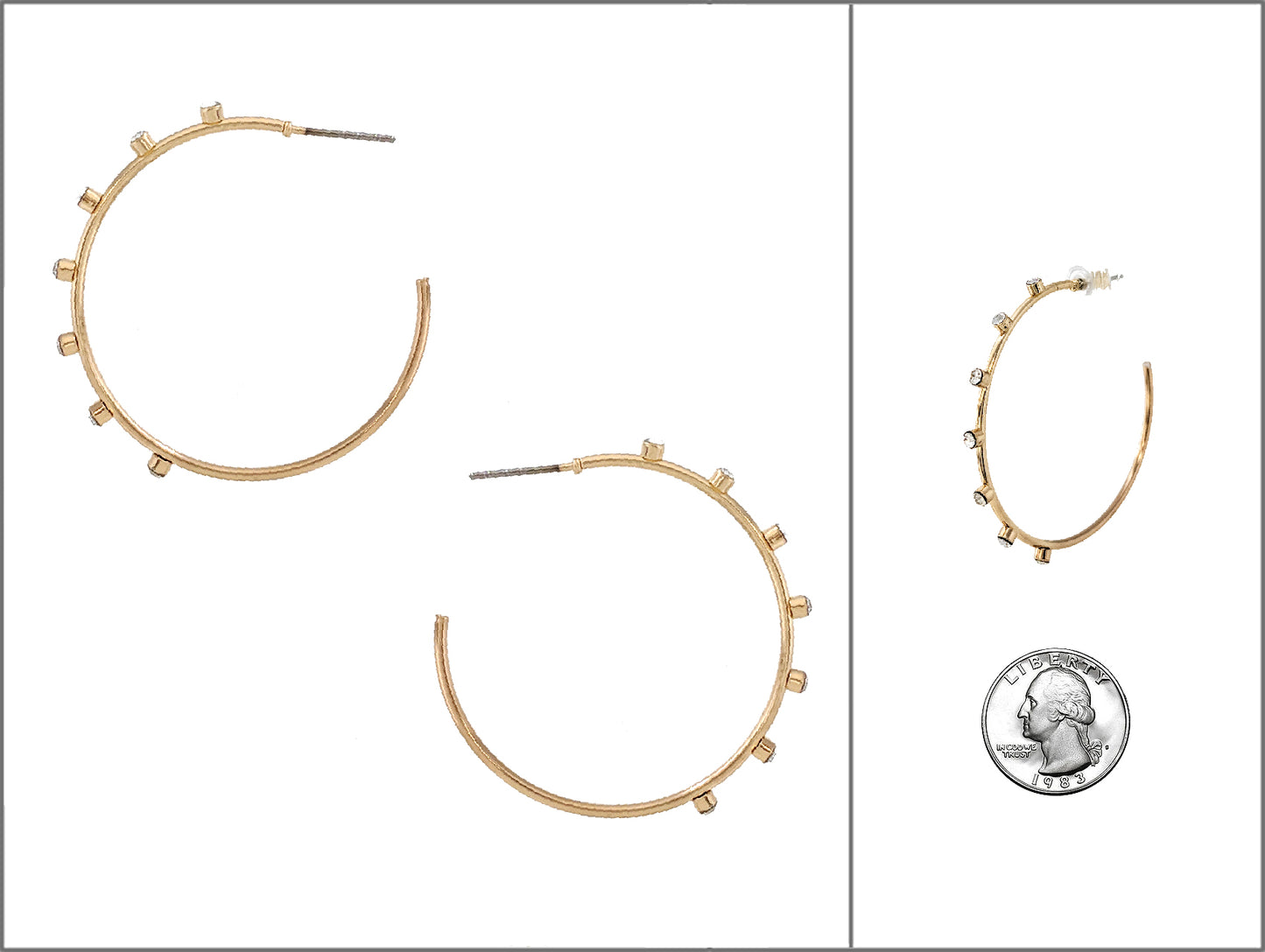 Gold hoop earrings with small stones on a white background, shown with a quarter for scale.