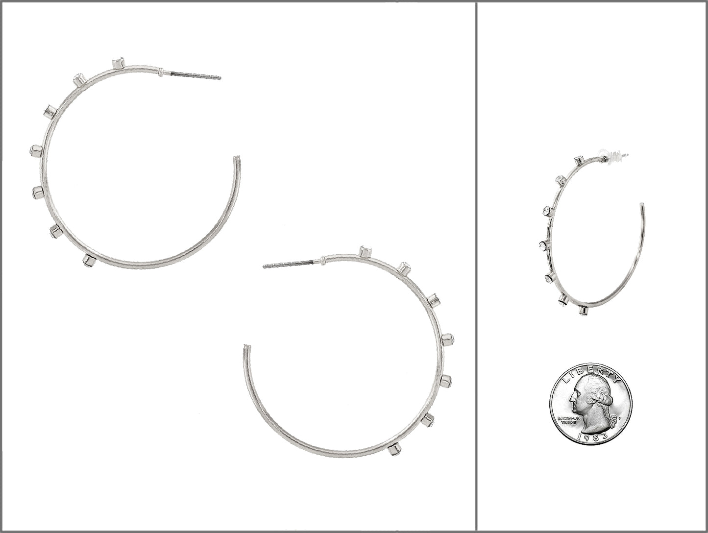 Silver hoop earrings with embedded stones, shown with a penny for scale on a white background.
