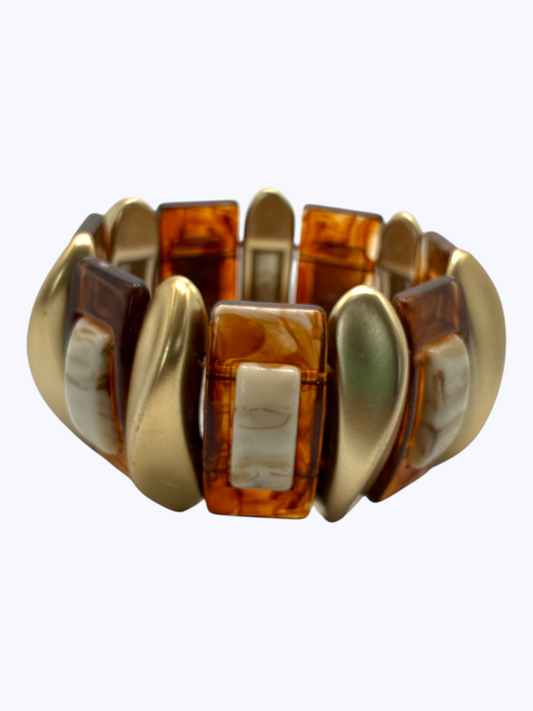 Chunky stretch bracelet with marbled amber resin links, gold-tone accents, and geometric details for a bold boutique-inspired statement look.