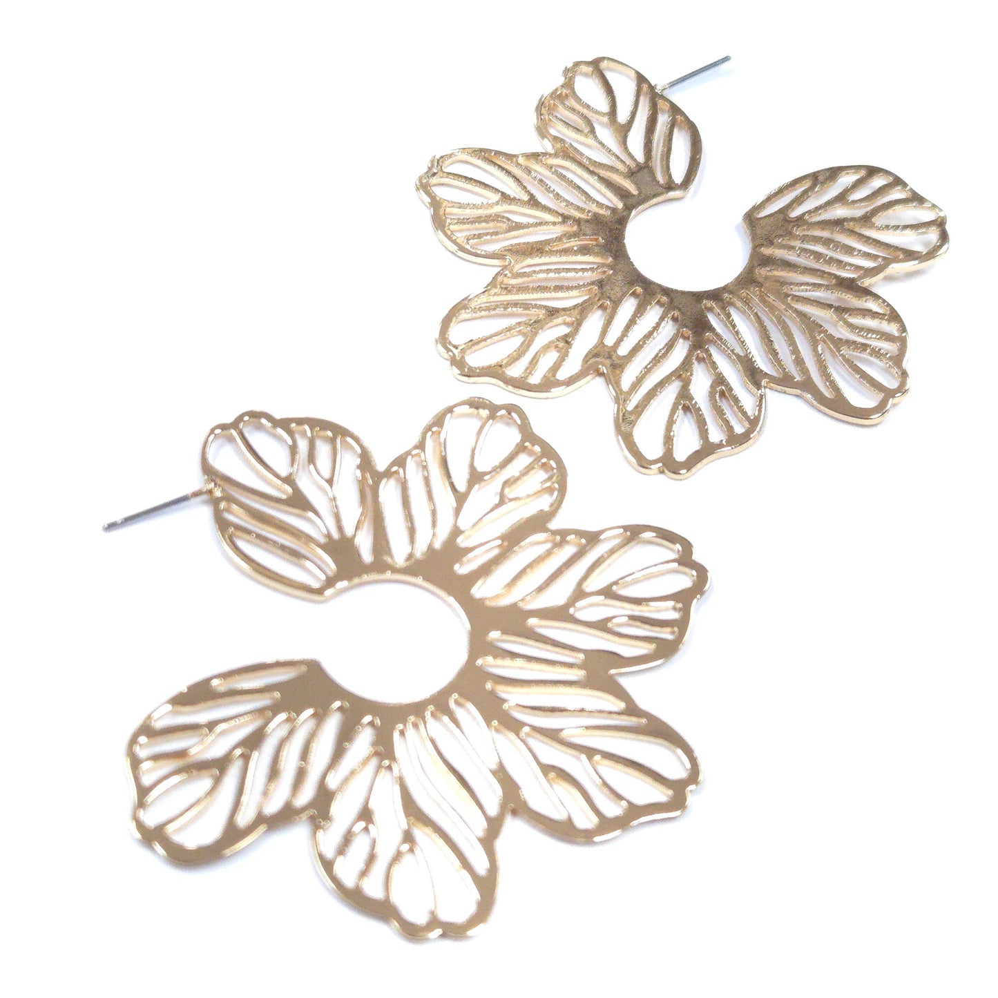 Two gold floral earrings on a white background