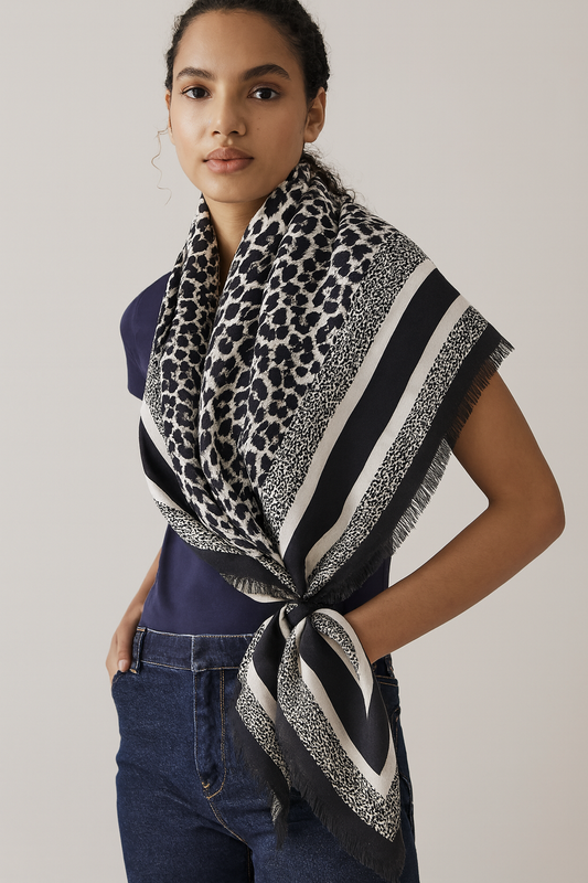 Woman wearing a leopard print and black striped scarf on a plain background