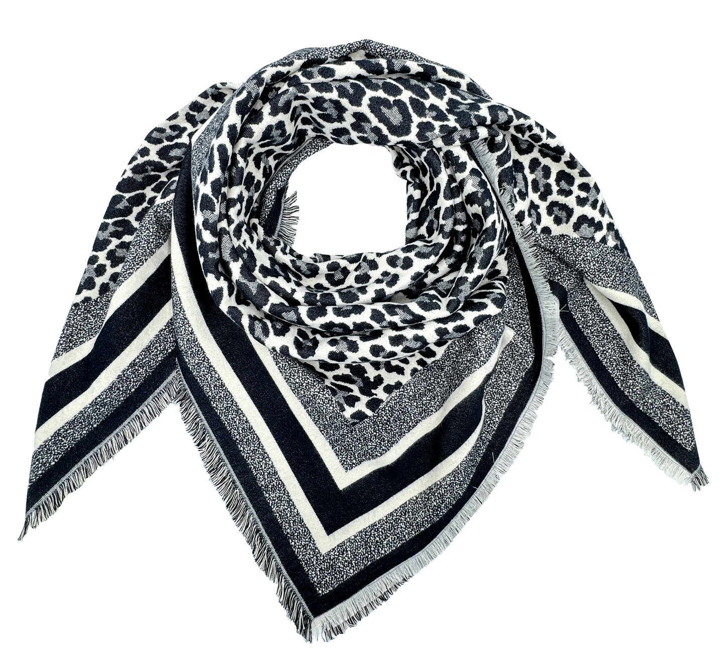 Leopard print scarf with black and white stripes on a white background
