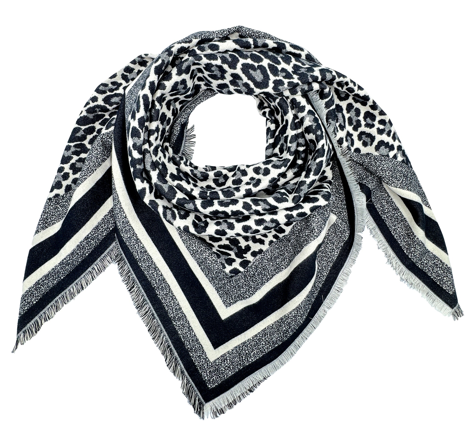 Leopard print scarf with black and white stripes on a white background